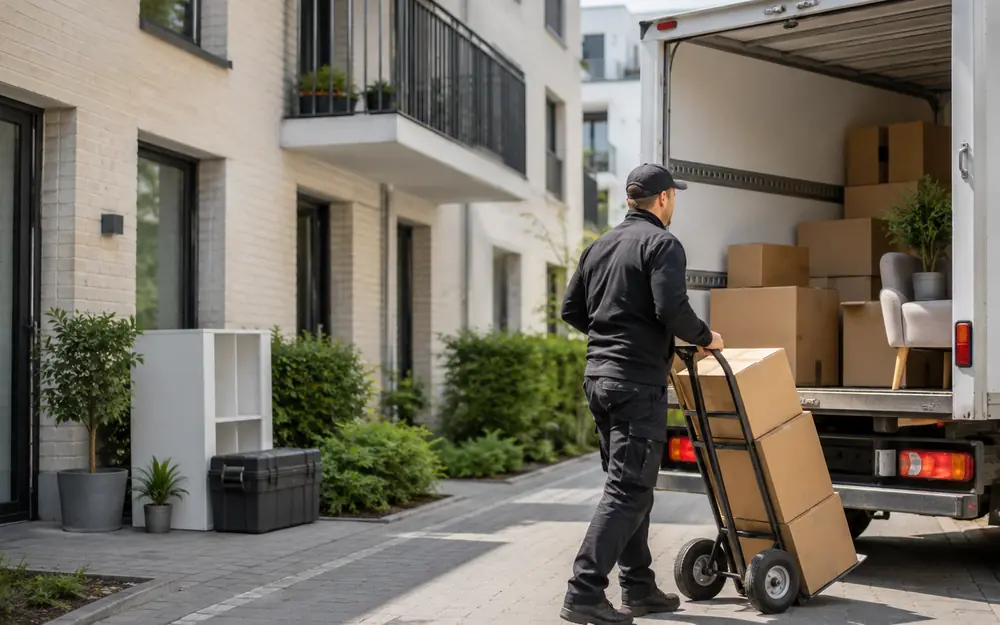 Transporter wird bei einer Entrümpelung mit Kartons und Möbeln beladen