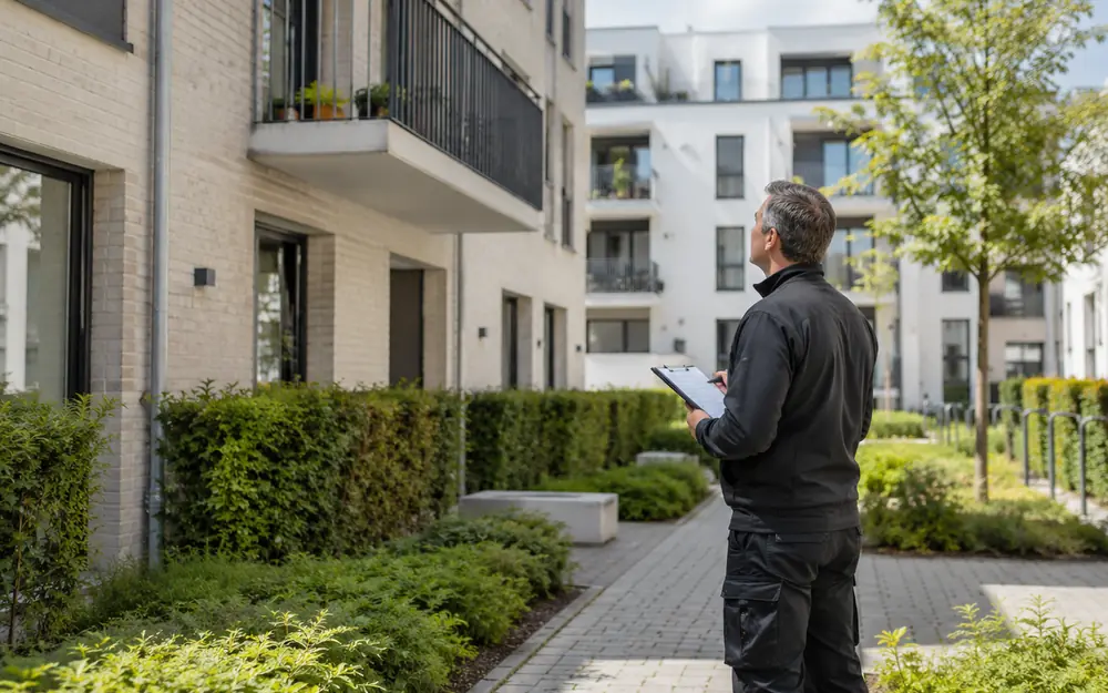 Kontrollgang an einer Wohnanlage: Fassade, Wege und Grünflächen werden geprüft