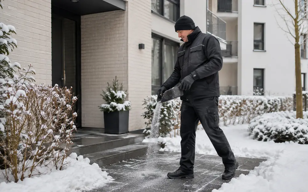 Geräumter Gehweg vor einem Hauseingang wird mit Streugut abgestreut