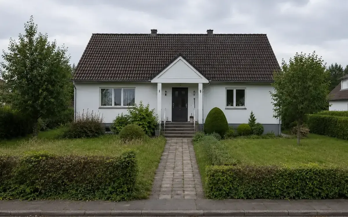 Vorgarten vor der Pflege: hoch gewachsener Rasen, ungeschnittene Hecken, überwachsene Beete